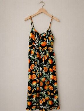 Black Summer Dress with Orange & Green Citrus Print